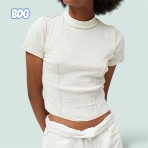 BDG Mock Neck Short Sleeve Seamed Cropped Tee Ivory S